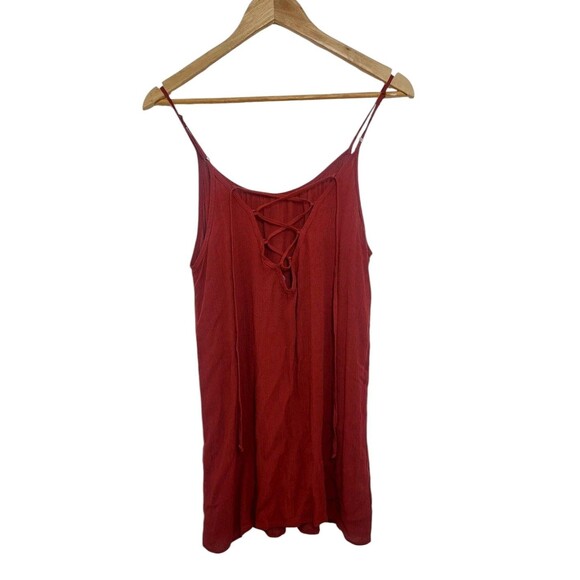 Forever 21 Juniors Size Small Dress Sundress Burgundy Rust Lace Up Rayon - Picture 2 of 12